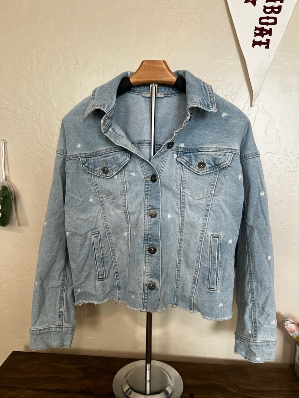 Style & Co. Light Blue Distressed Heart-Print Denim Jacket